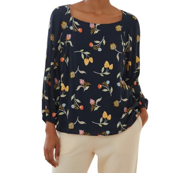 LOFT Tops - LOFT OUTLET Navy Floral Wide Neck Long Sleeve Blouse - Size Small